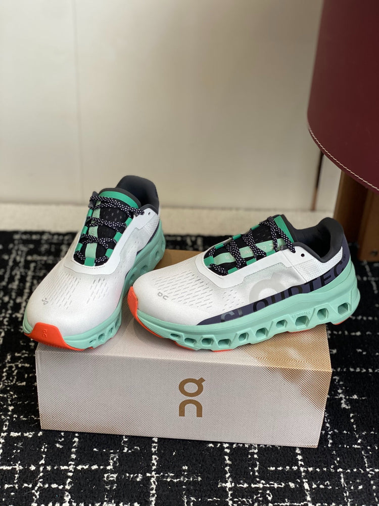 On Cloudmonster Breathable Mesh Running Shoes White Mint Green Orange Shock Absorbing Thick Sole Sneakers for Men Women