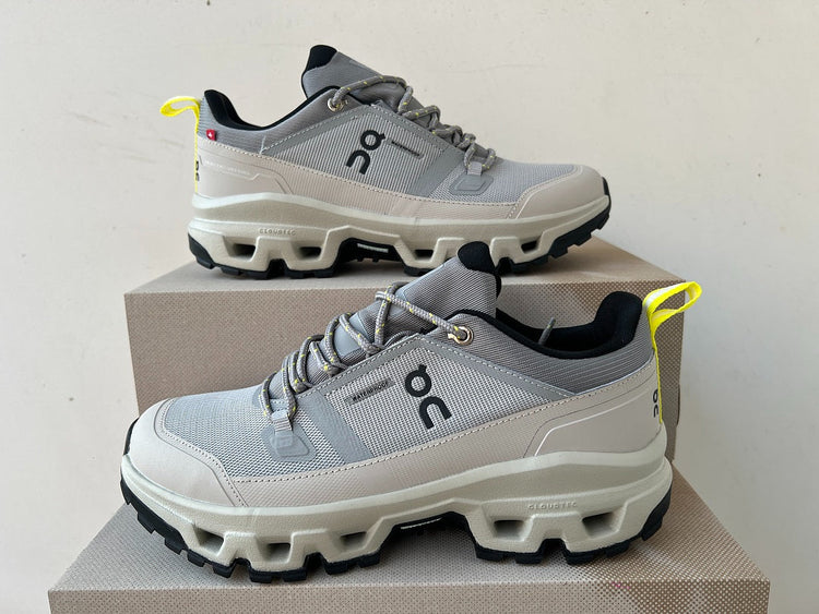 On Cloudrock Low Waterproof Hiking Shoes in Grey / Sand with Yellow Accents