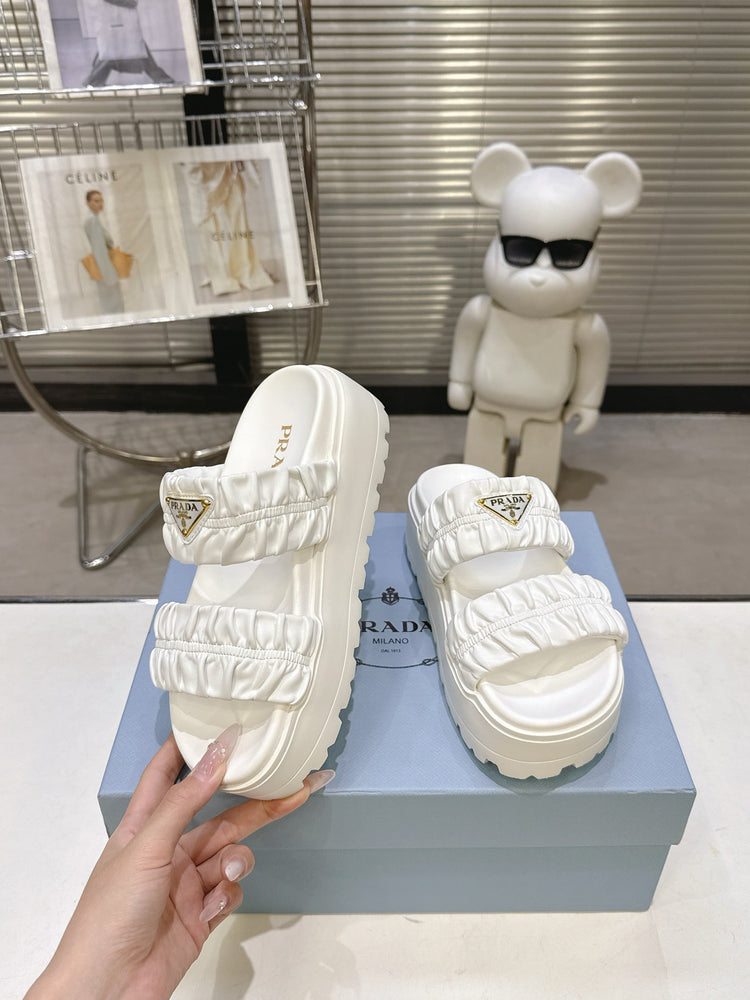 Women White Ruched Two Band Platform Slides Triangle Gold Logo Slip On Casual Sandals