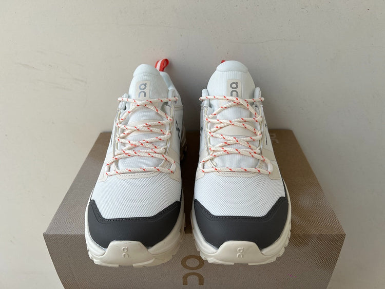 On Cloudrock Low Waterproof Hiking Shoes in White / Grey with Coral Accents