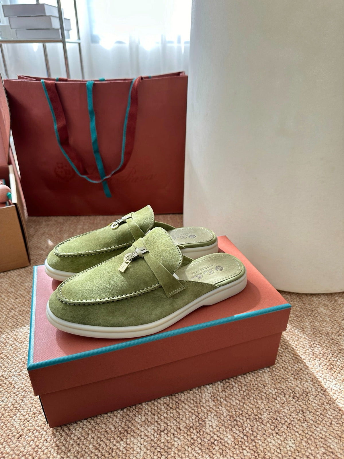 Women Light Green Suede Slip-On Mules, Loro Piana Style