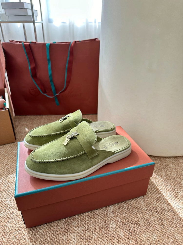 Women Light Green Suede Slip-On Mules, Loro Piana Style