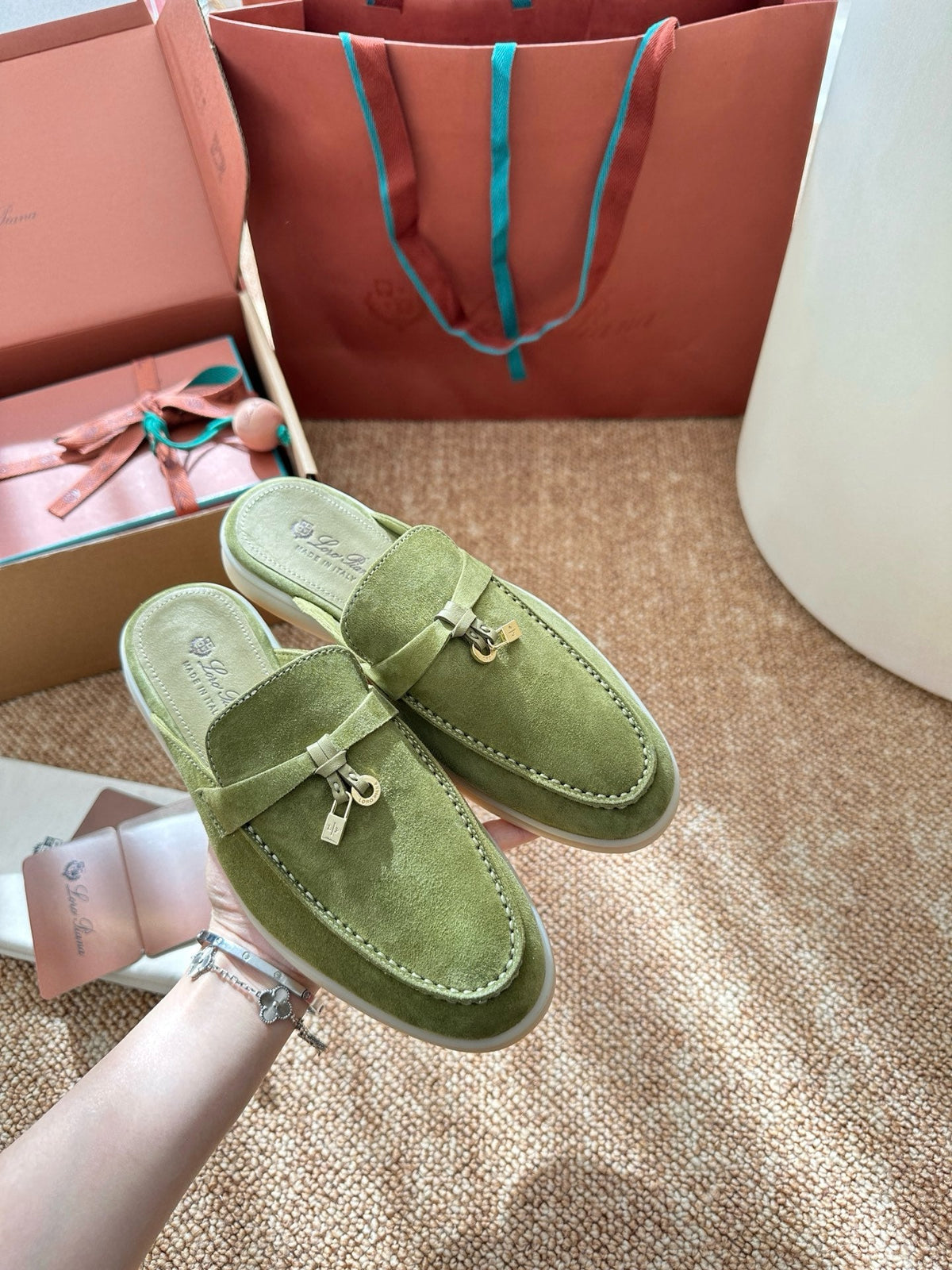 Women Light Green Suede Slip-On Mules, Loro Piana Style