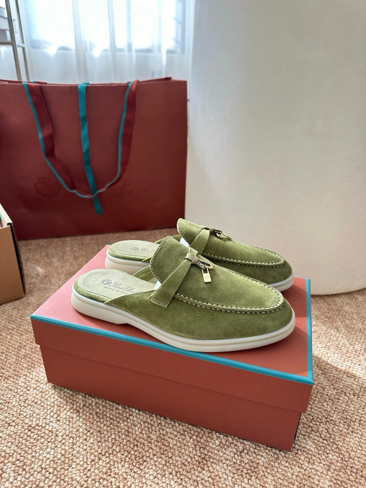 Women Light Green Suede Slip-On Mules, Loro Piana Style