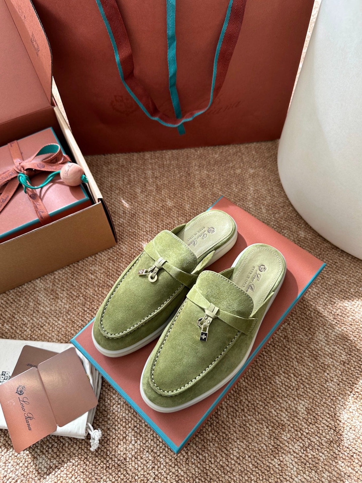 Women Light Green Suede Slip-On Mules, Loro Piana Style