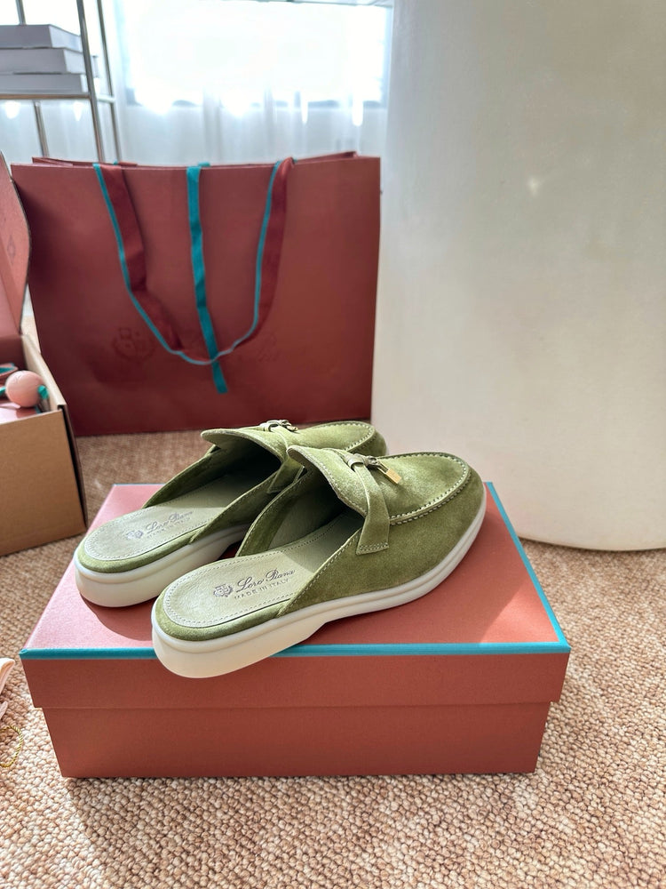 Women Light Green Suede Slip-On Mules, Loro Piana Style