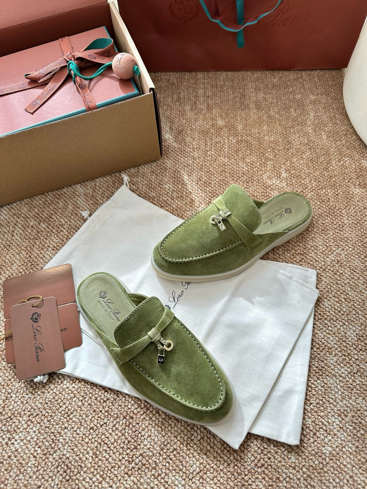 Women Light Green Suede Slip-On Mules, Loro Piana Style