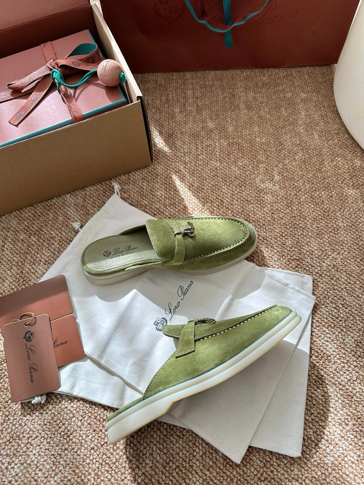 Women Light Green Suede Slip-On Mules, Loro Piana Style