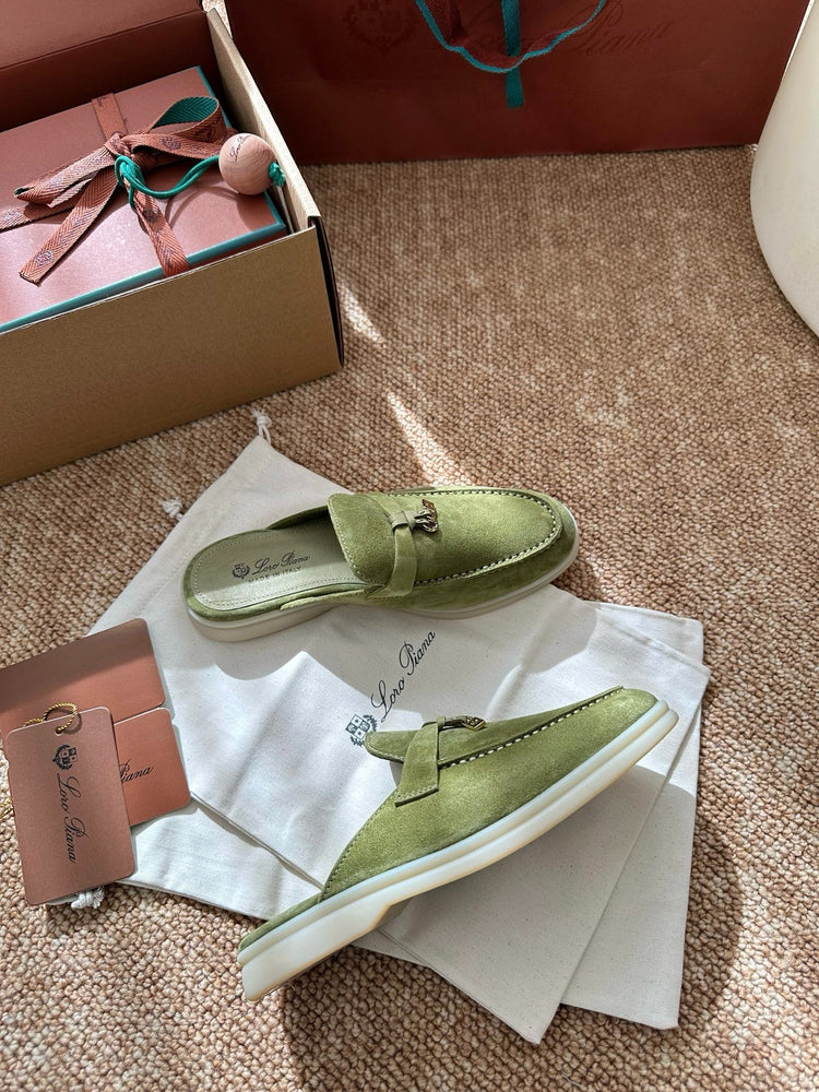 Women Light Green Suede Slip-On Mules, Loro Piana Style