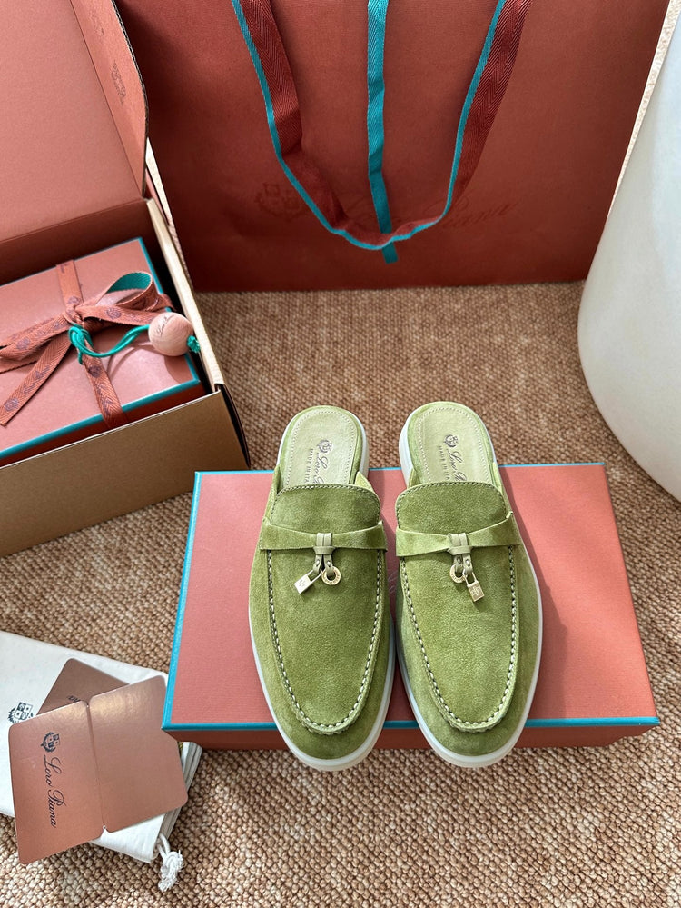 Women Light Green Suede Slip-On Mules, Loro Piana Style