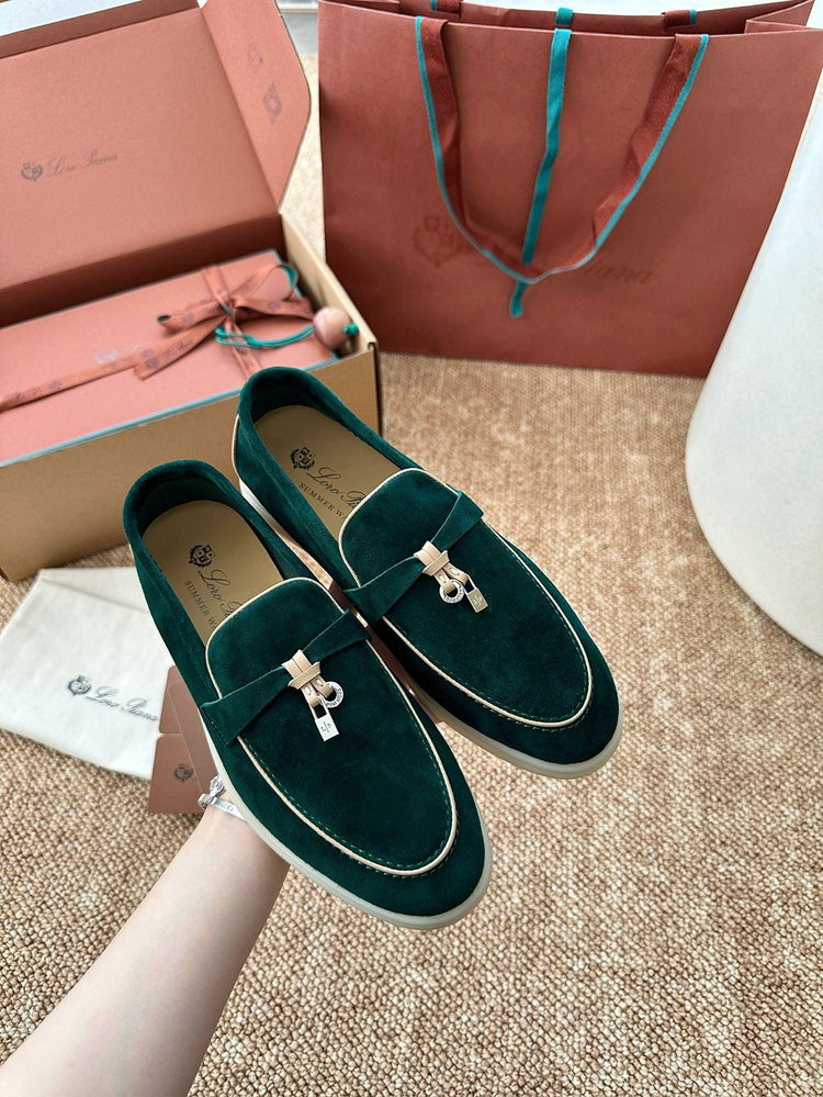 Women Loro Piana Summer Charms Walk Suede Loafers - Deep Emerald Green