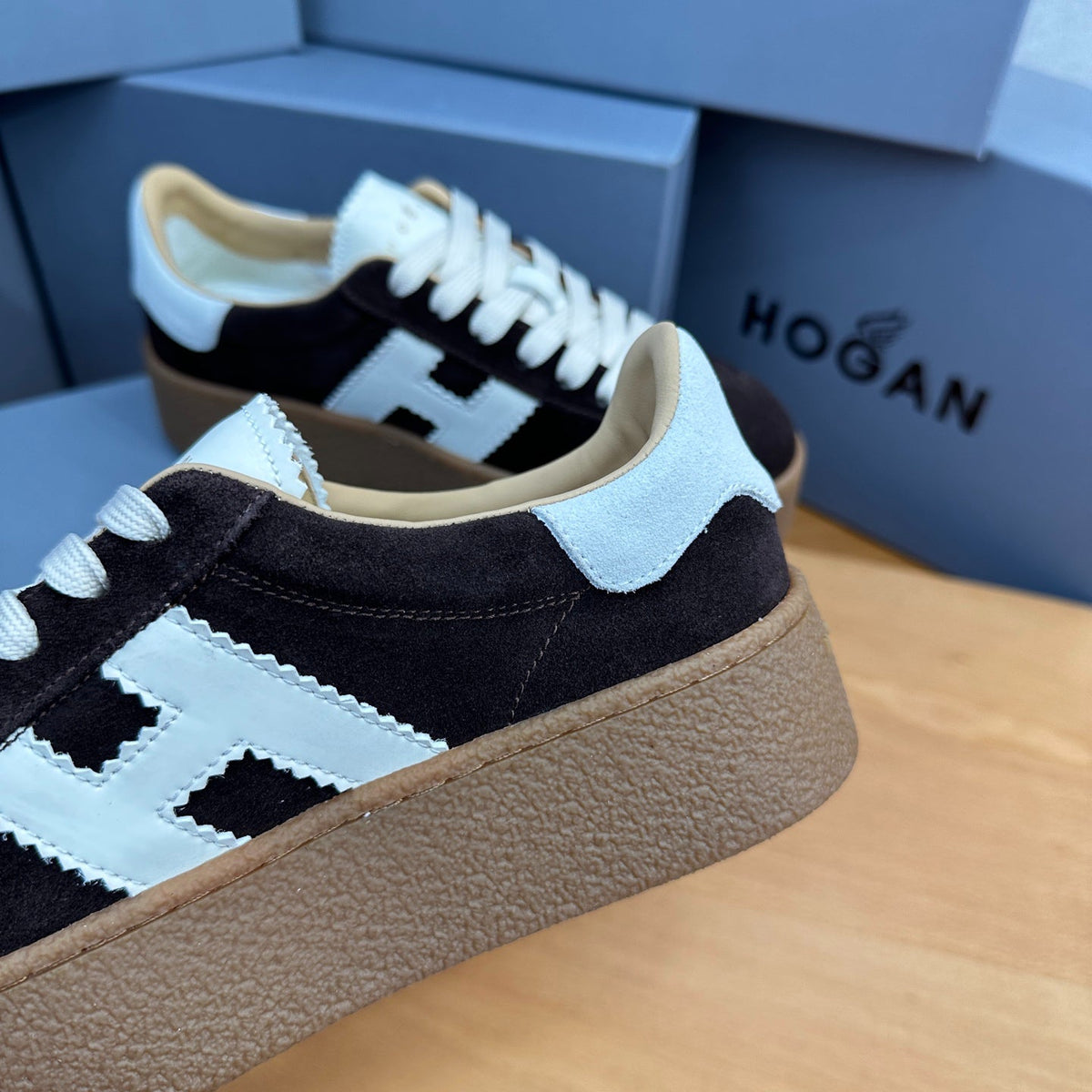 HOGAN Dark Brown Suede White H Logo Thick Gum Platform Casual Sneakers