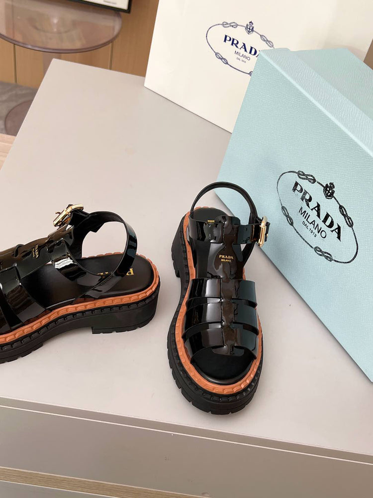 Prada Patent Leather Fisherman Sandals Women, Black Caged Woven Platform Lug Sole Ankle Strap Buckle Roman Sandals