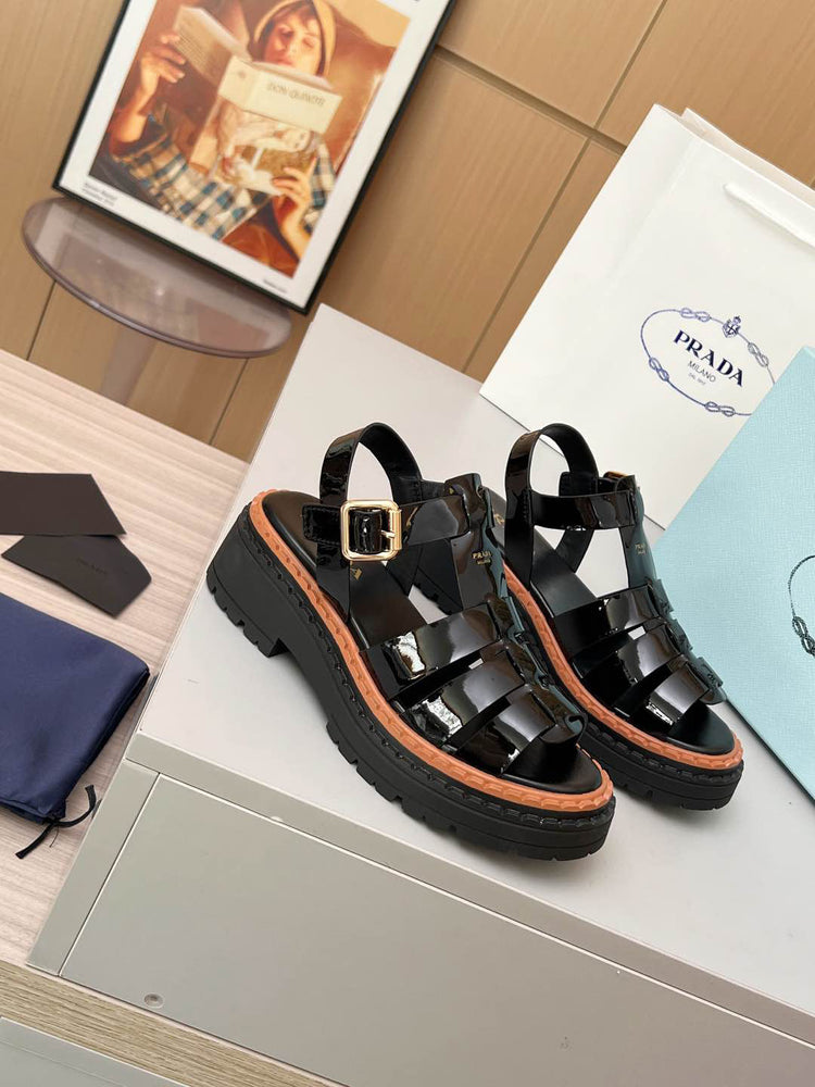 Prada Patent Leather Fisherman Sandals Women, Black Caged Woven Platform Lug Sole Ankle Strap Buckle Roman Sandals