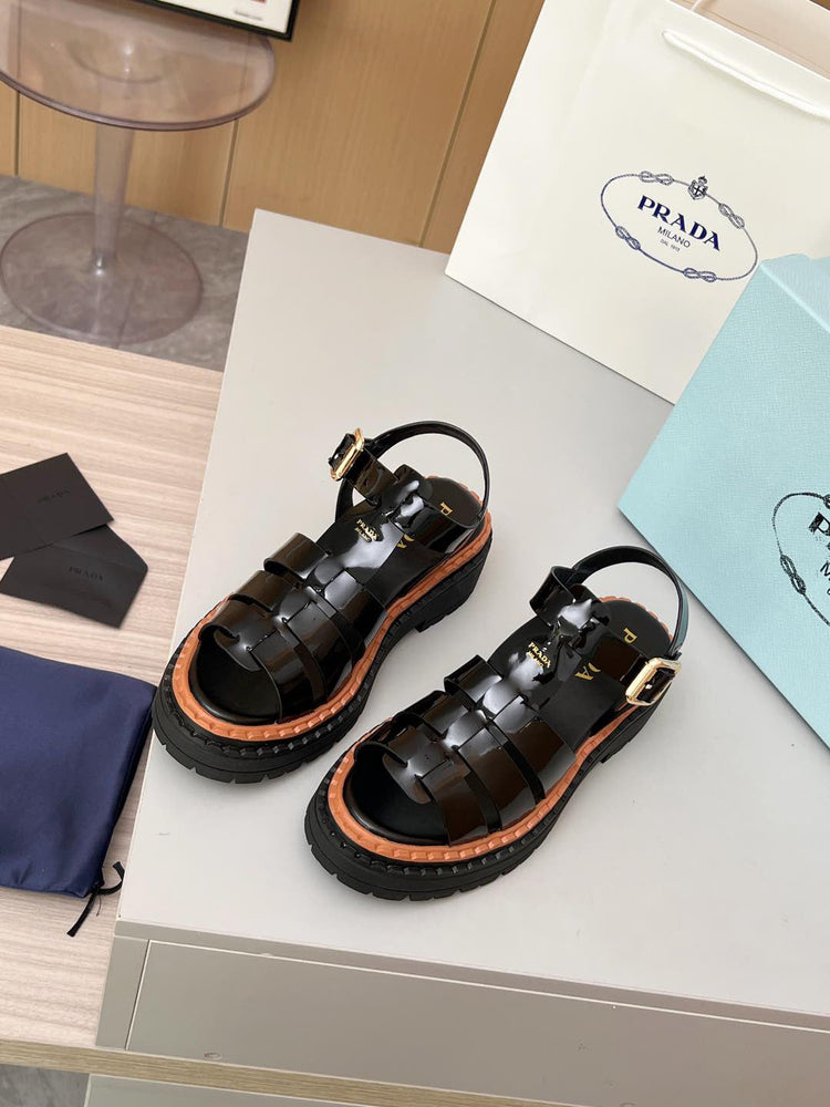 Prada Patent Leather Fisherman Sandals Women, Black Caged Woven Platform Lug Sole Ankle Strap Buckle Roman Sandals