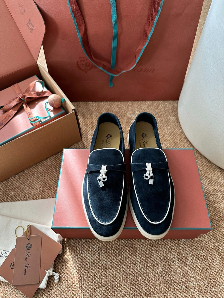 Women Loro Piana Summer Charms Walk Suede Loafers - Navy Blue
