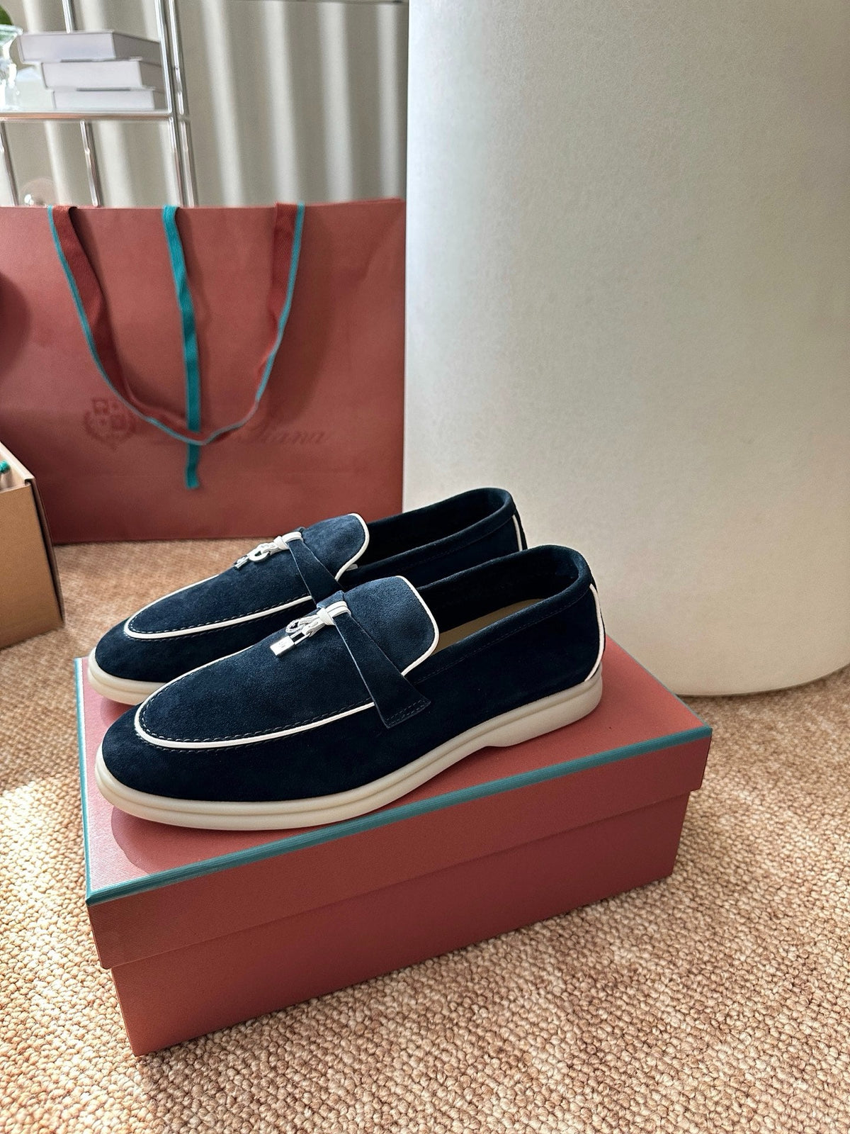 Women Loro Piana Summer Charms Walk Suede Loafers - Navy Blue