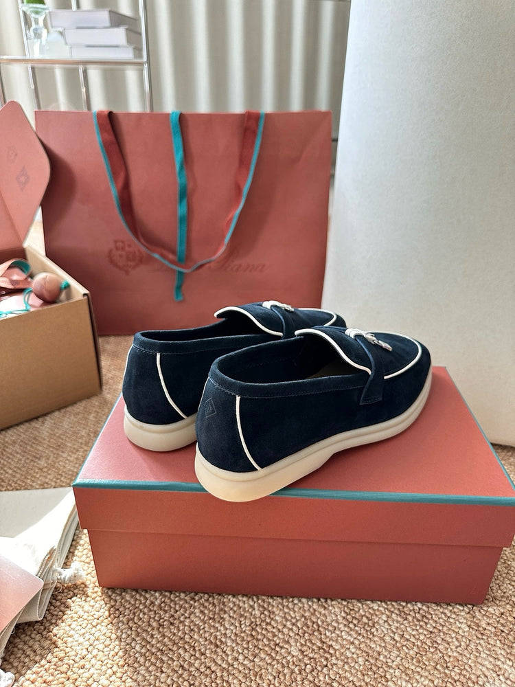 Women Loro Piana Summer Charms Walk Suede Loafers - Navy Blue