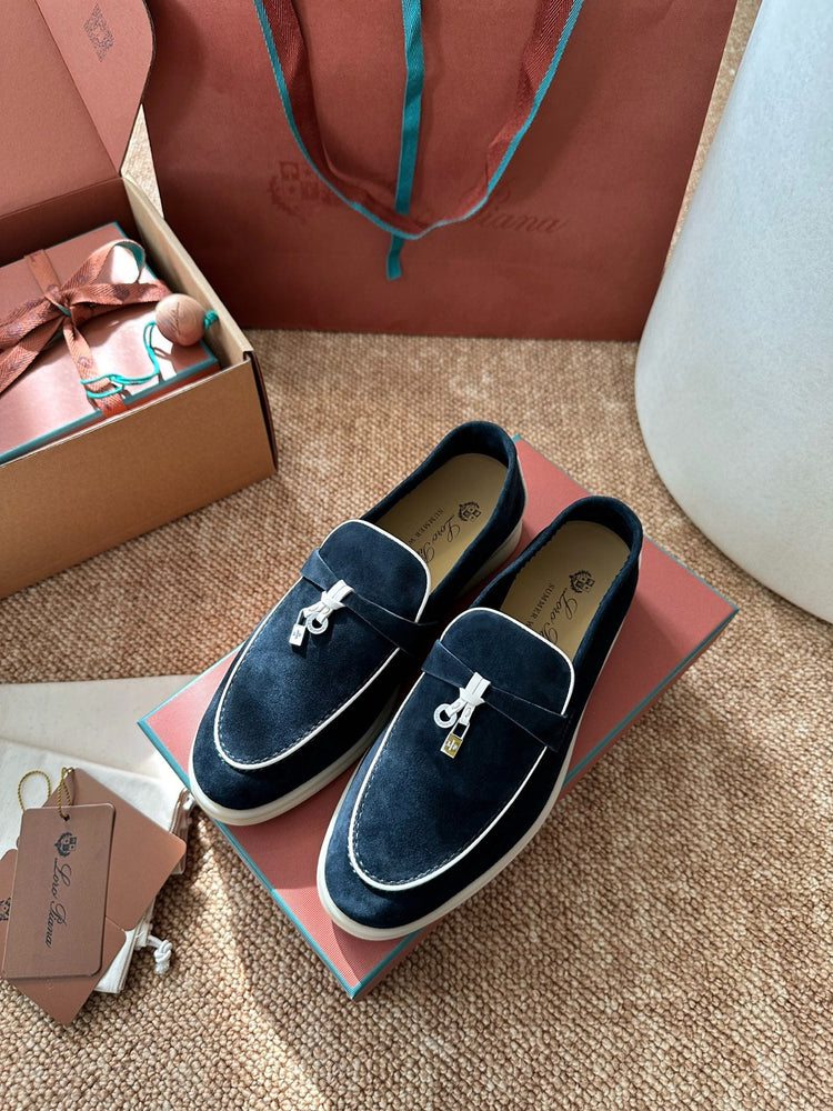 Women Loro Piana Summer Charms Walk Suede Loafers - Navy Blue