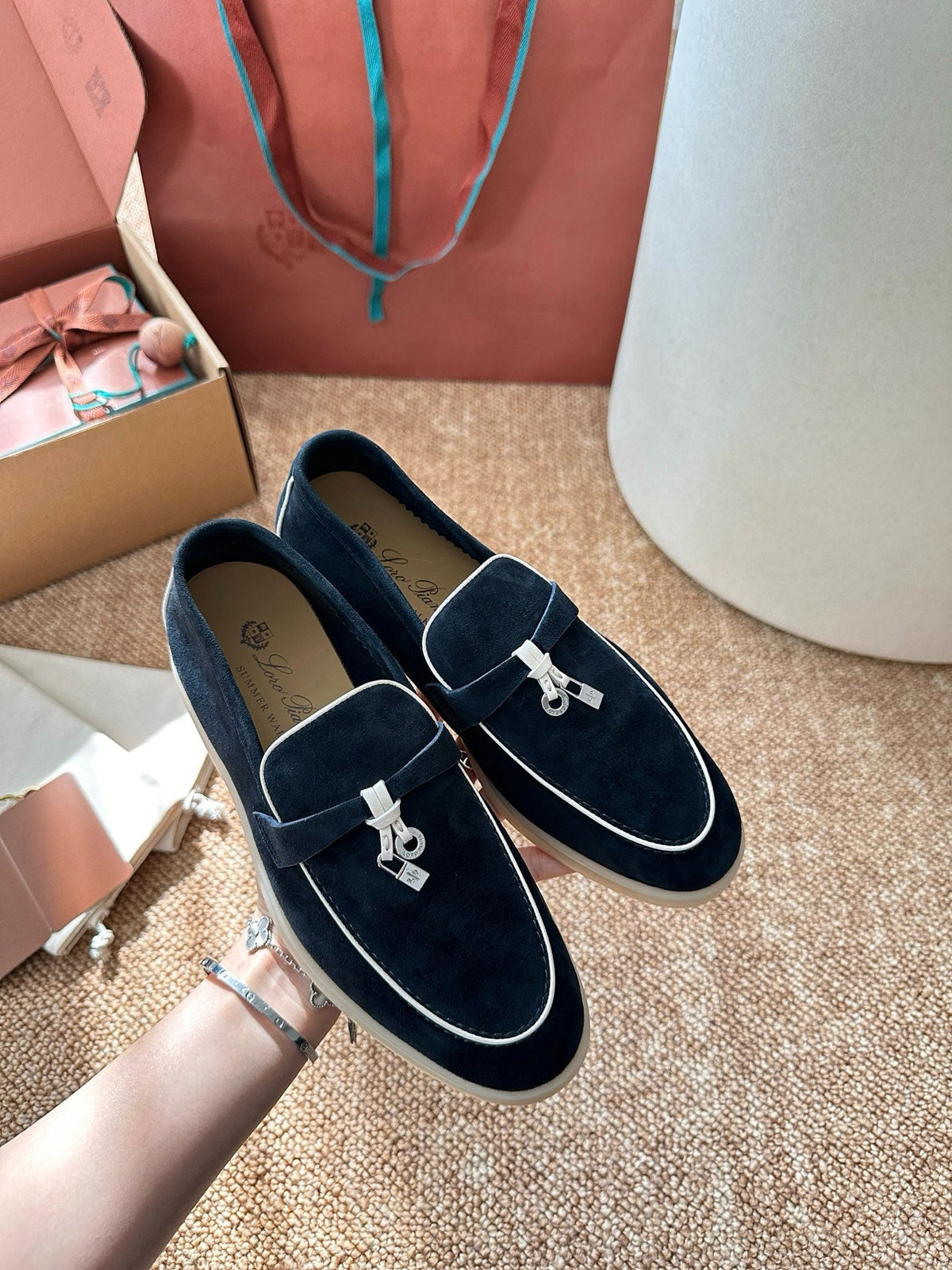 Women Loro Piana Summer Charms Walk Suede Loafers - Navy Blue