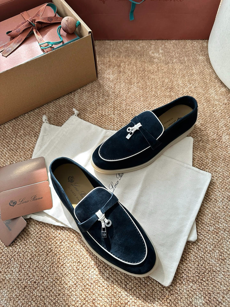 Women Loro Piana Summer Charms Walk Suede Loafers - Navy Blue