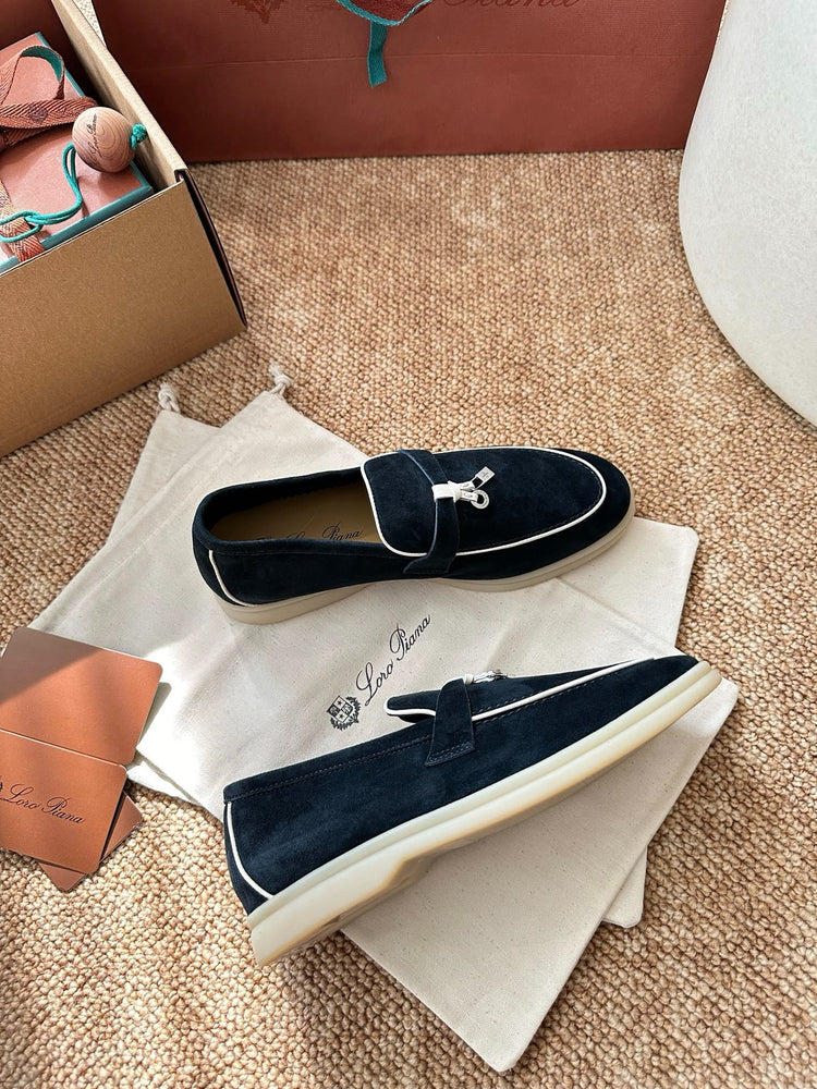 Women Loro Piana Summer Charms Walk Suede Loafers - Navy Blue