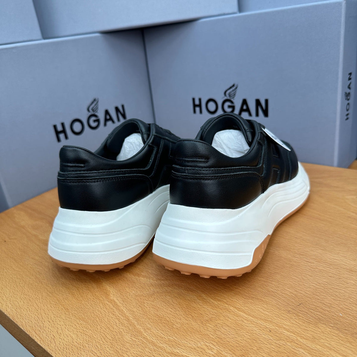 HOGAN Women Full Black Leather H Logo Platform Sneakers White Chunky Thick Sole Height Increasing Casual Walking Shoes