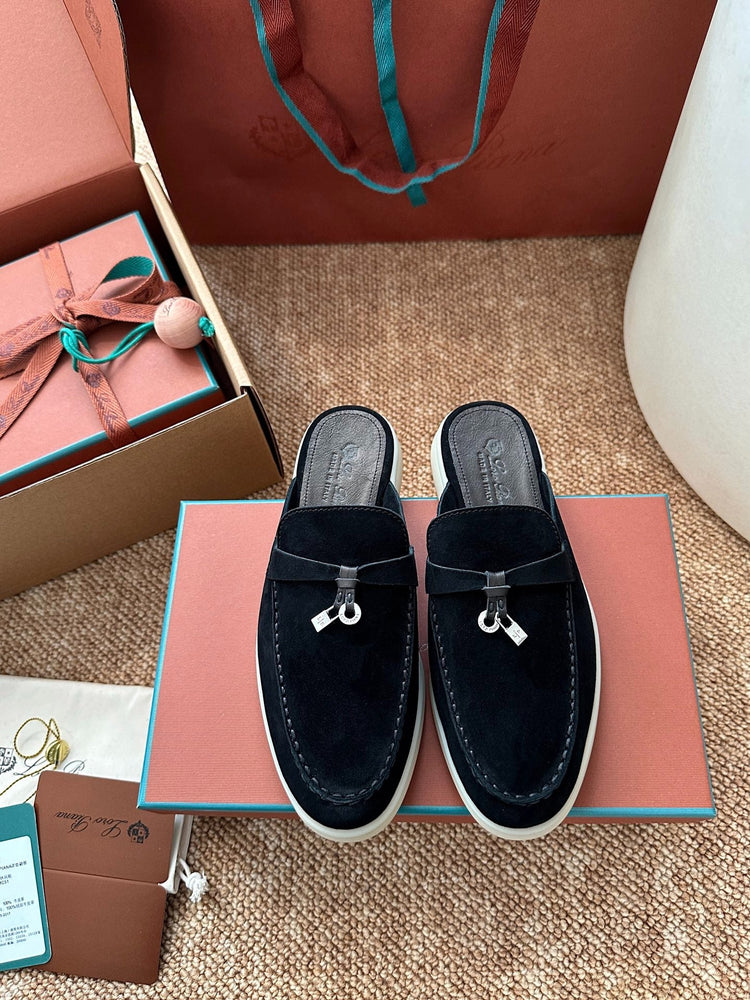 Women Loro Piana Summer Charms Walk Suede Mules - Black