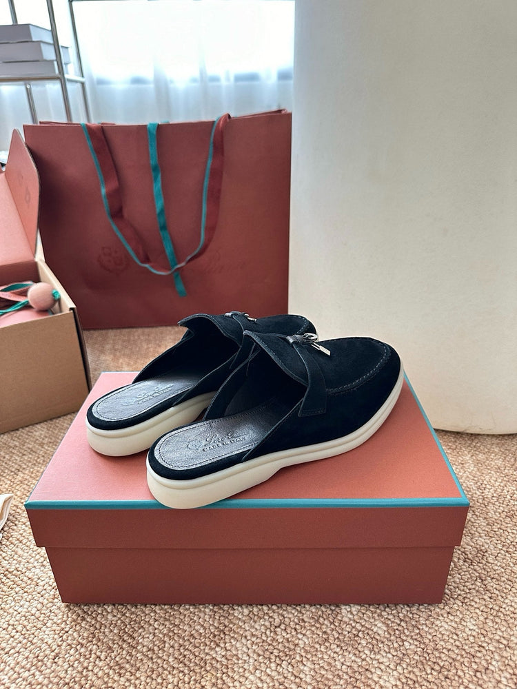 Women Loro Piana Summer Charms Walk Suede Mules - Black