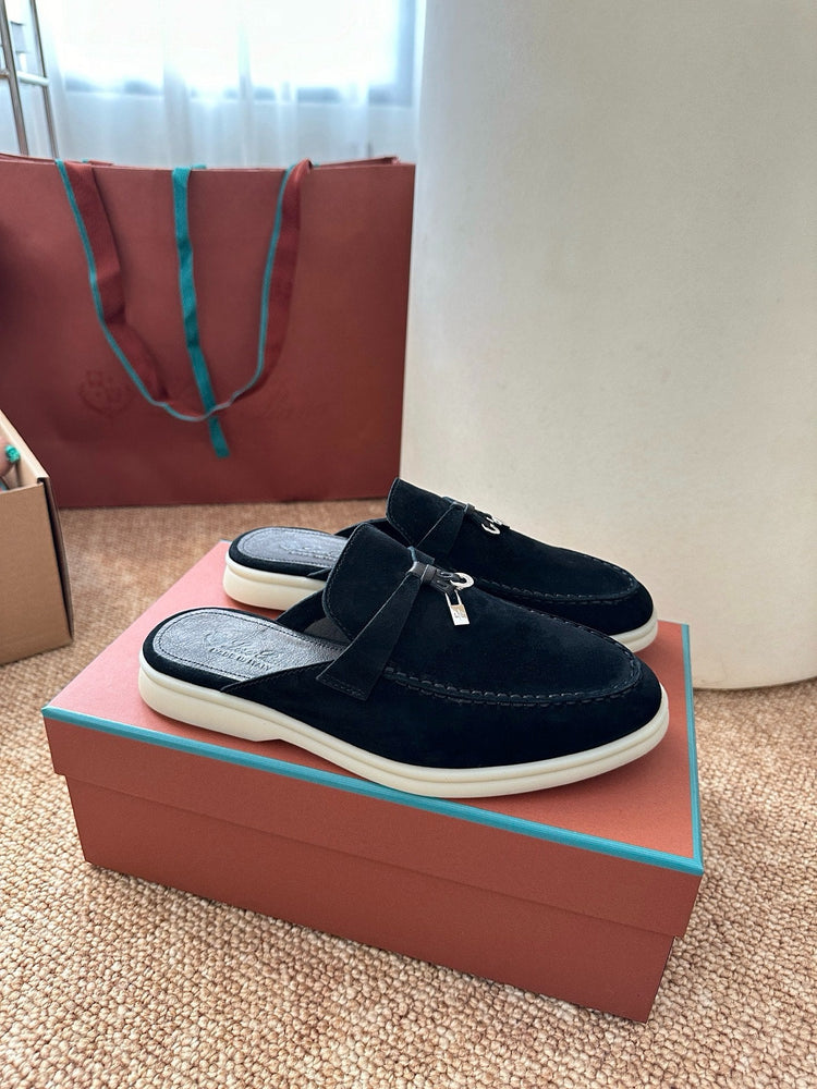 Women Loro Piana Summer Charms Walk Suede Mules - Black