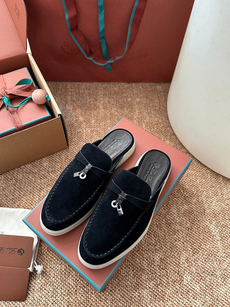 Women Loro Piana Summer Charms Walk Suede Mules - Black