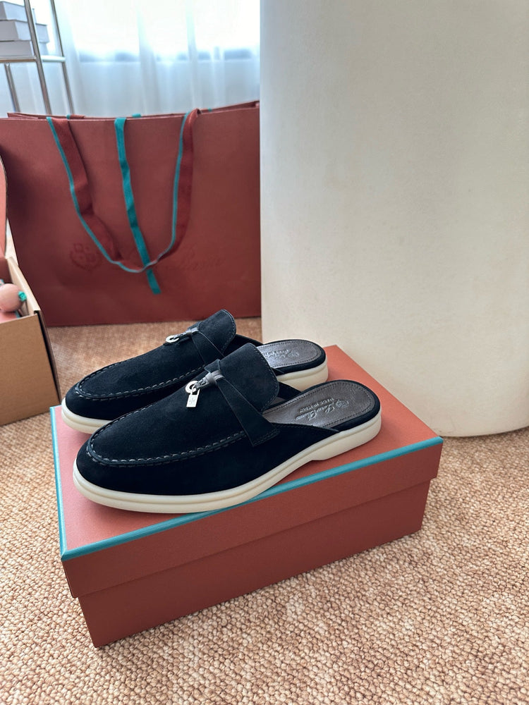 Women Loro Piana Summer Charms Walk Suede Mules - Black