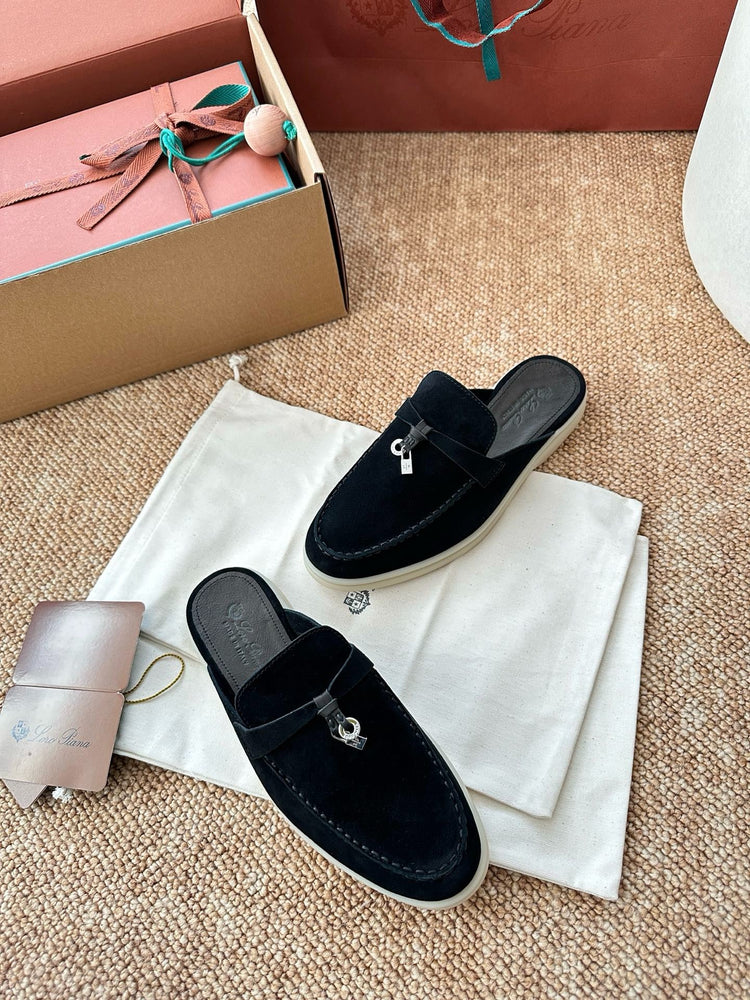 Women Loro Piana Summer Charms Walk Suede Mules - Black