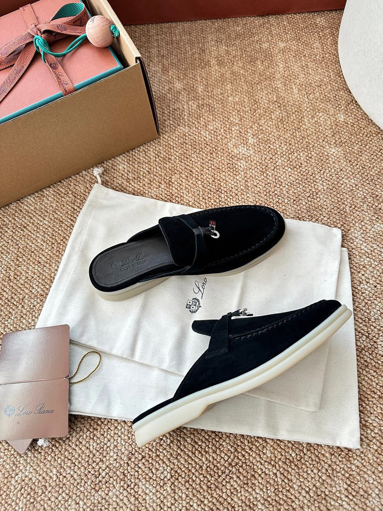 Women Loro Piana Summer Charms Walk Suede Mules - Black