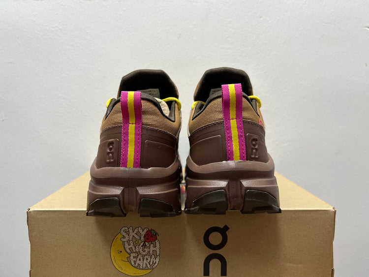 On Cloudrock Low Waterproof Hiking Shoes in Brown with Yellow and Pink Accents (Special Edition)