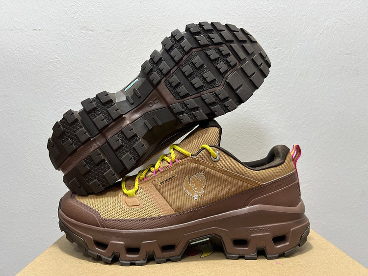 On Cloudrock Low Waterproof Hiking Shoes in Brown with Yellow and Pink Accents (Special Edition)