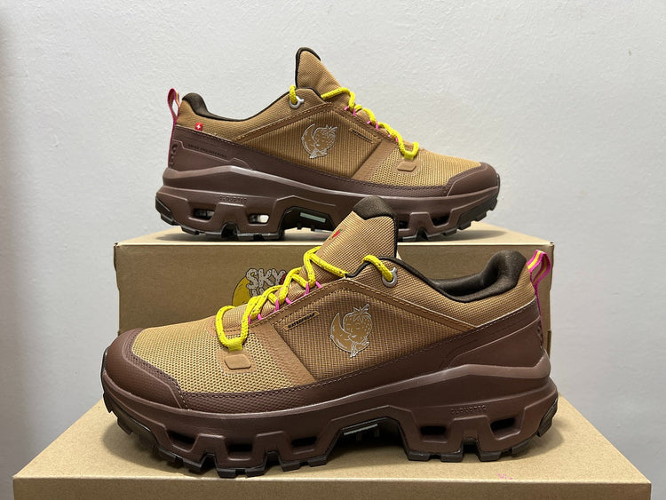 On Cloudrock Low Waterproof Hiking Shoes in Brown with Yellow and Pink Accents (Special Edition)