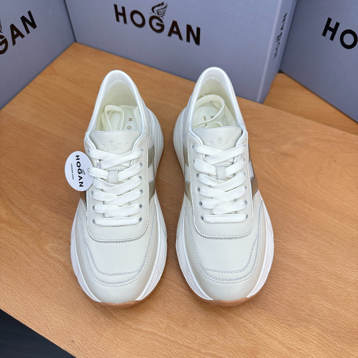 HOGAN Women Beige Metallic Silver H Logo Genuine Leather Platform Sneakers Chunky Thick Sole Height Increase Casual Walking Shoes