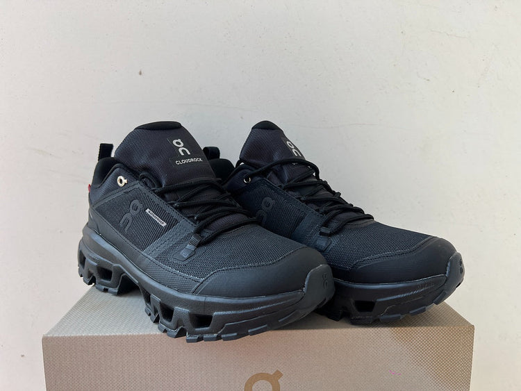 On Cloudrock Low Waterproof Hiking Shoes in All Black