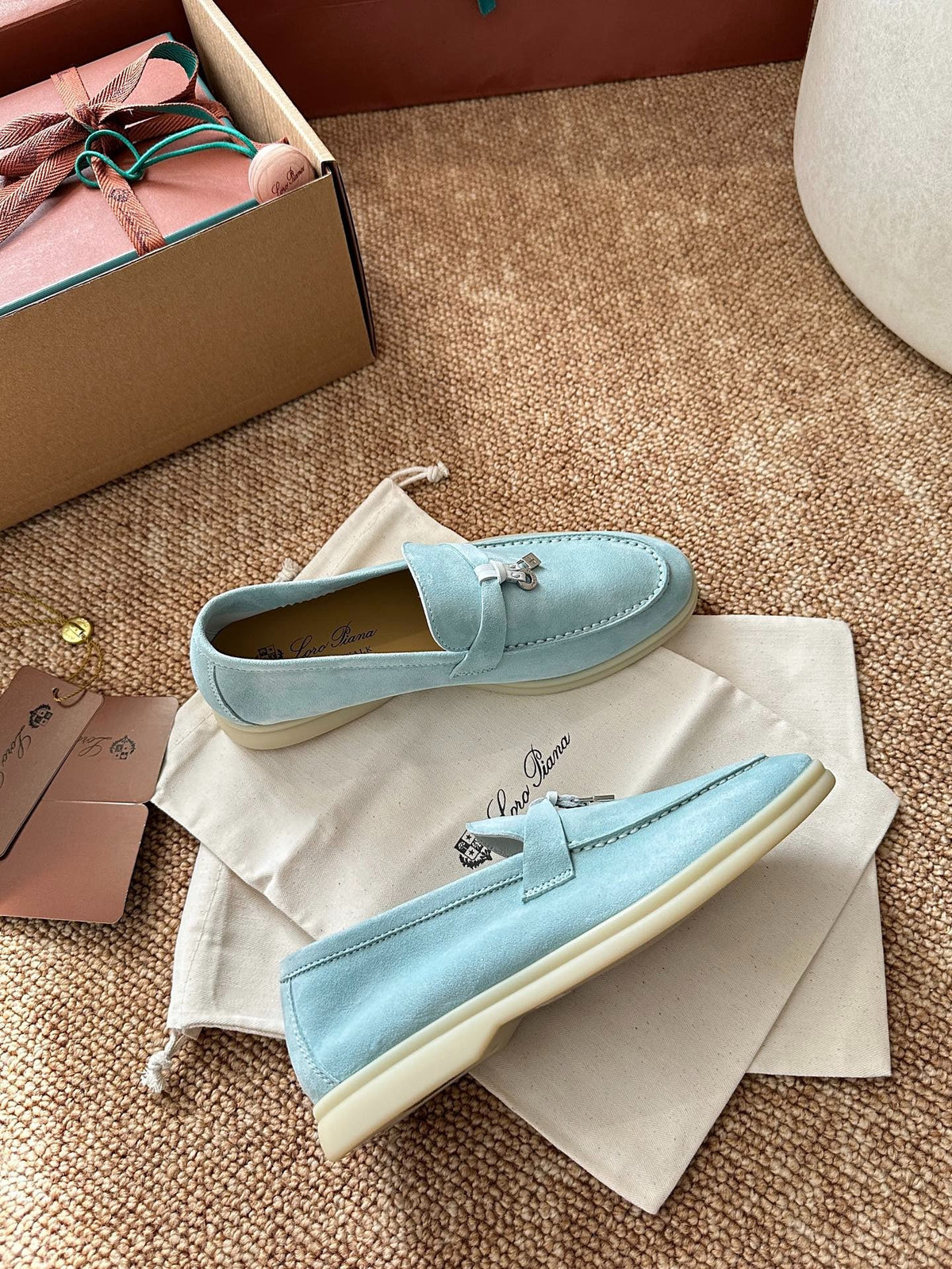 Women Loro Piana Summer Charms Walk Suede Loafers - Sky Blue