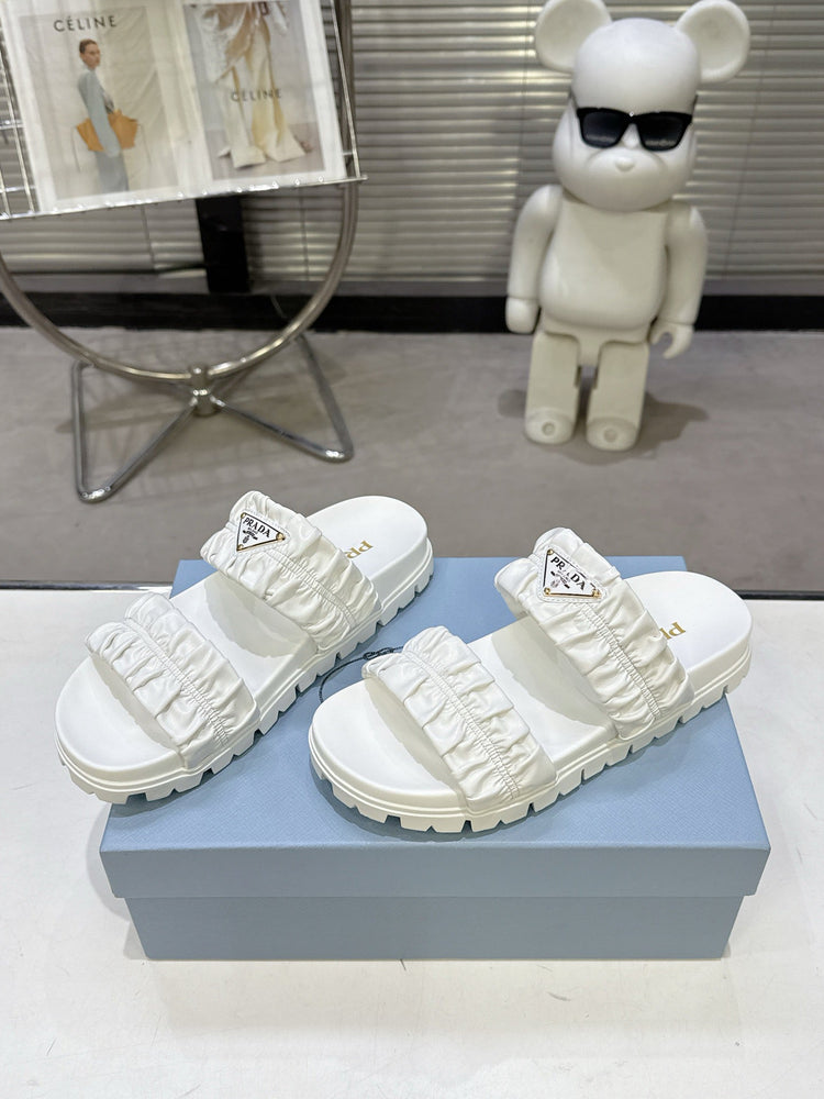 Prada Gold Triangle Logo Ruched Dual Band Platform Slide Sandals Women White Open Toe Lug Sole Slip On Summer Casual Slides