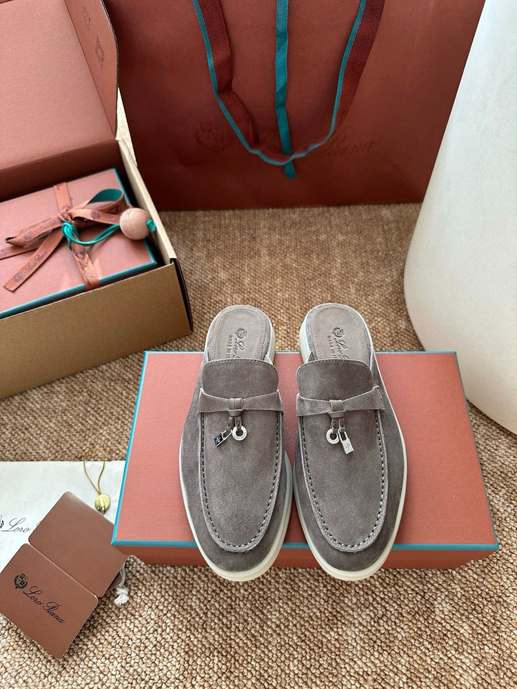 Women Loro Piana Summer Charms Walk Suede Mules - Grey