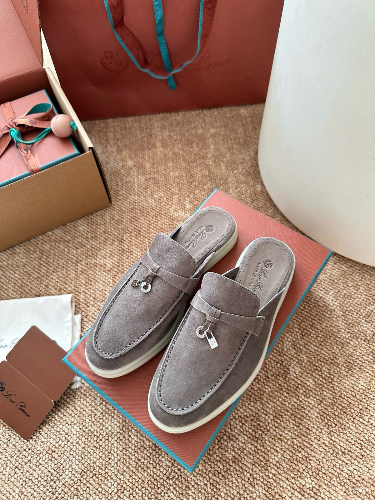 Women Loro Piana Summer Charms Walk Suede Mules - Grey