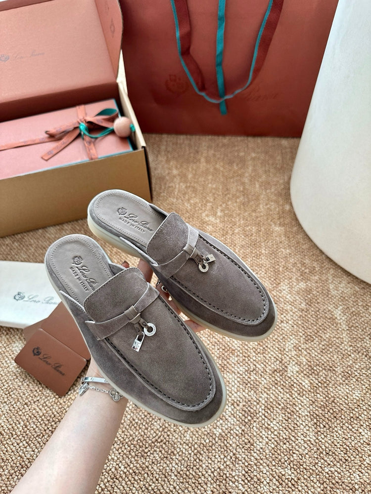 Women Loro Piana Summer Charms Walk Suede Mules - Grey