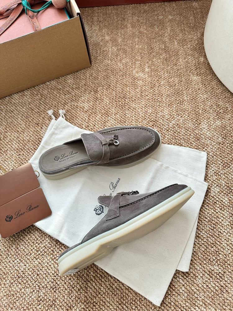 Women Loro Piana Summer Charms Walk Suede Mules - Grey