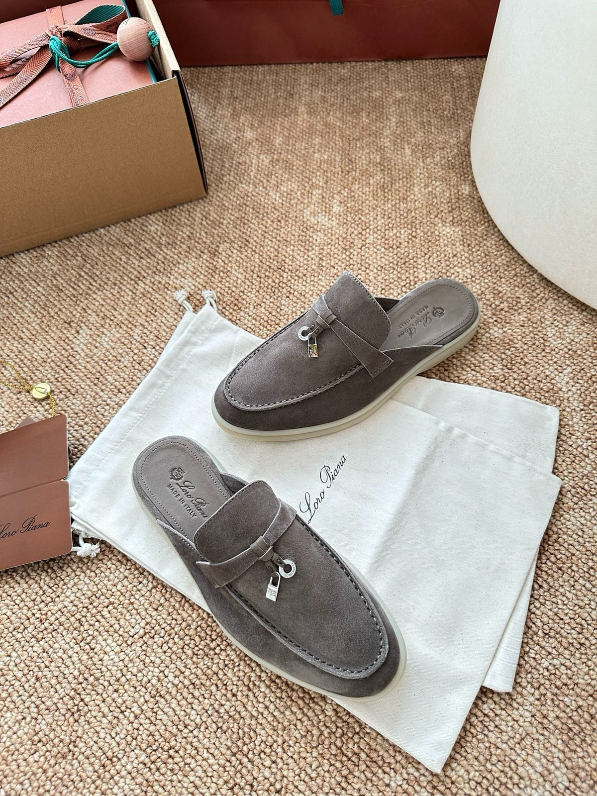 Women Loro Piana Summer Charms Walk Suede Mules - Grey