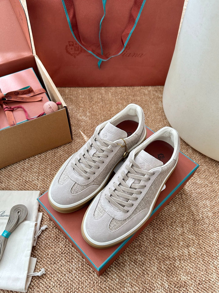 Women Loro Piana Suede & Linen Low-Top Sneakers - Light Beige