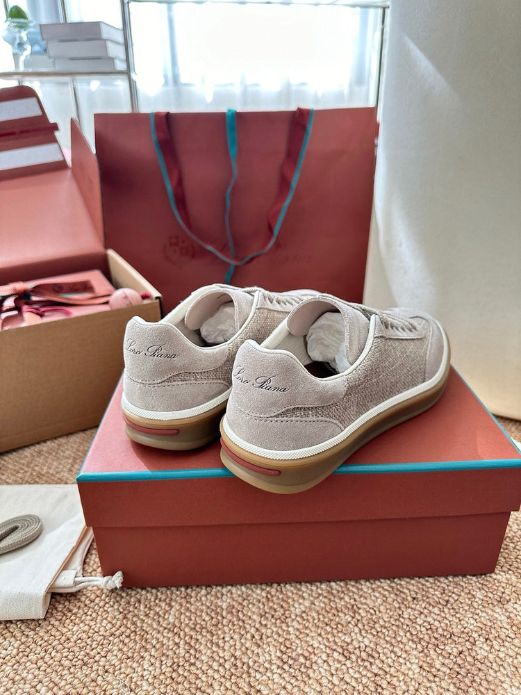 Women Loro Piana Suede & Linen Low-Top Sneakers - Light Beige