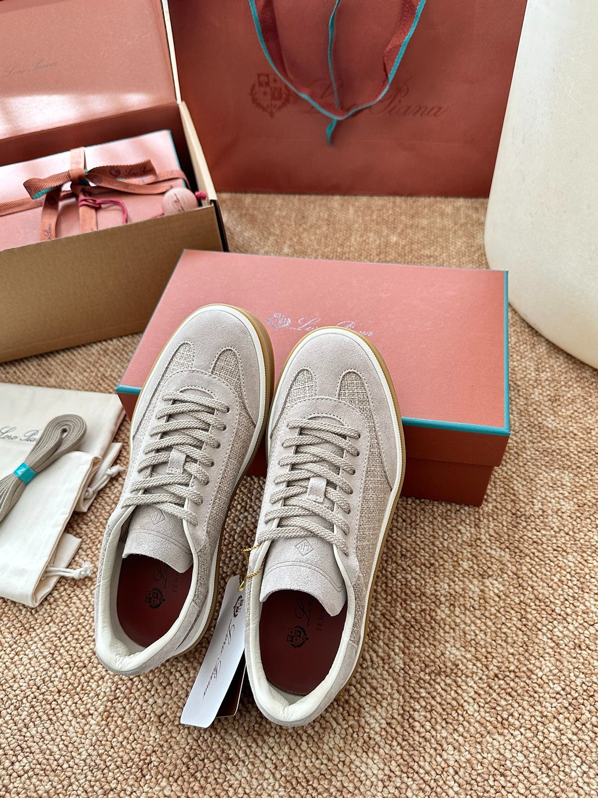 Women Loro Piana Suede & Linen Low-Top Sneakers - Light Beige