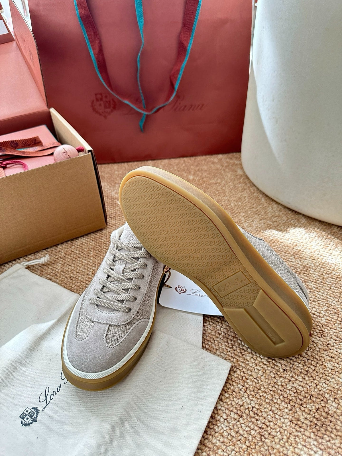 Women Loro Piana Suede & Linen Low-Top Sneakers - Light Beige